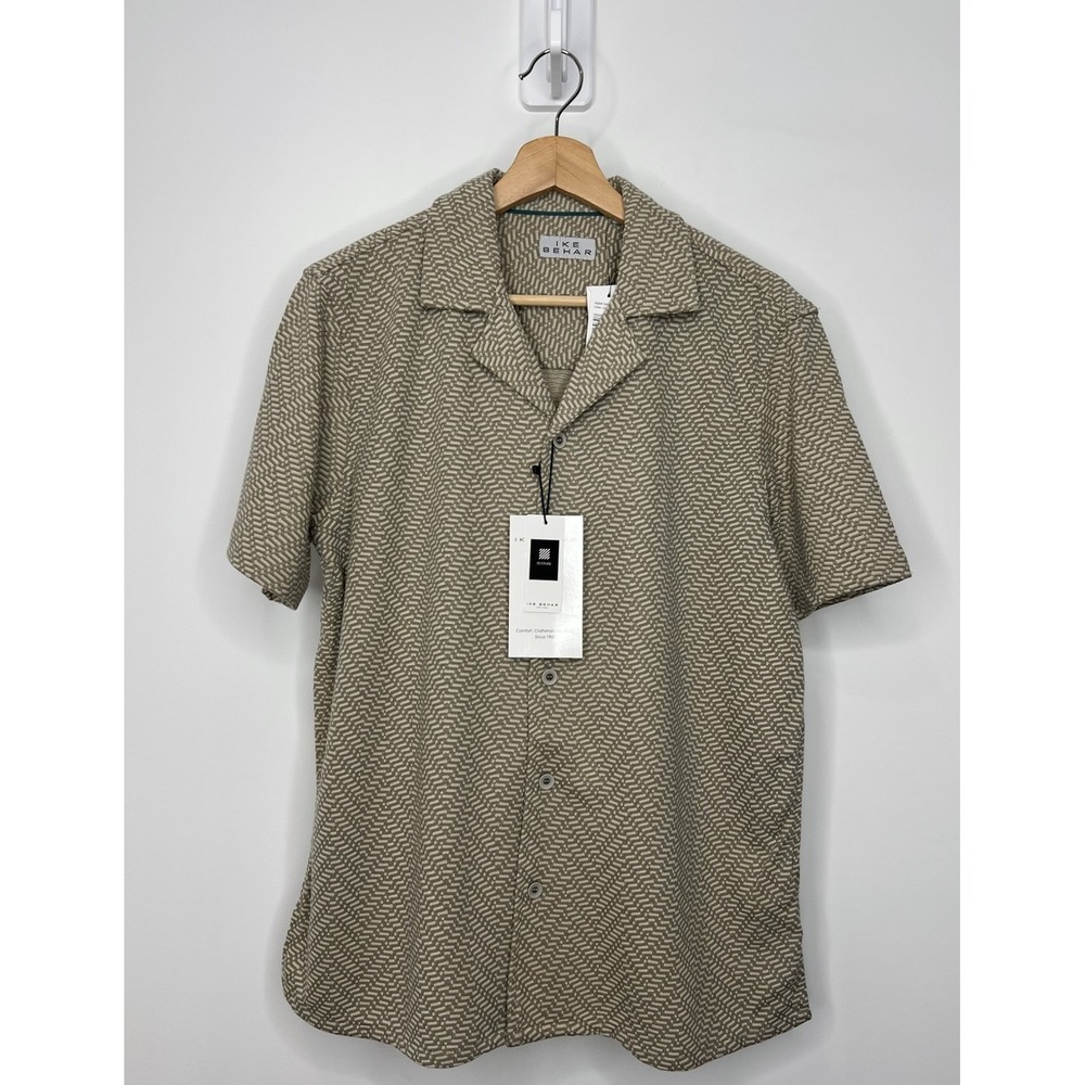 IKE Behar Textured Shirt Mens Small Brown Geometric Button Up Short Sleeve NWT